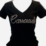 Carrousels Script Short Sleeve V-Neck Black Tee