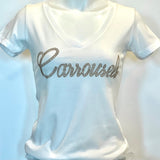 Carrousels Script Short Sleeve V-Neck White Tee